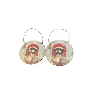 Raccoon Wood‎ Round Christmas Holiday Ornaments Red Hat 4x4 Set Of 2 NEW Rustic